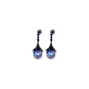 Elegant floral stud earrings with purple flowers and blue teardrop pearls in vertical view