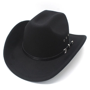 Detail of black wool felt cowboy hat featuring leather band, buckle and metal eyelets