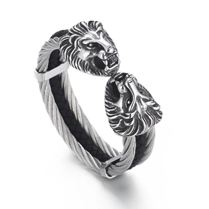 Bracelet pour homme avec têtes de lion en acier inoxydable et cordon tressé noir