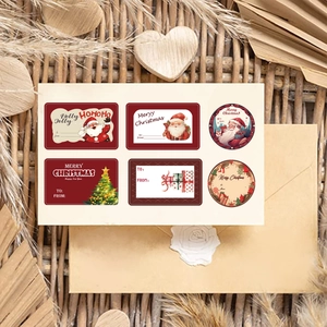 DIY Christmas stickers featuring Santa and festive patterns on a vintage rustic background
