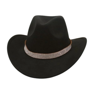 Close-up of sparkling silver rhinestone band on black western wool felt cowboy hat