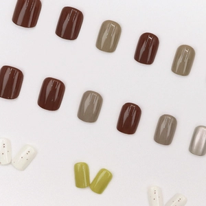 Short square press-on nails in mixed chocolate brown, olive green and cream colors