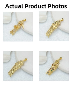 Detailed macro of 18K gold-plated religious St. Jude pendants with colorful zircon inlay