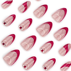 French style red glitter press-on nails with almond shape and rhinestones decorations