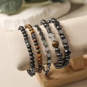 Lot de 5 bracelets en perles de pierre naturelle avec œil de tigre et pendentif de croix