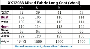 Size chart showing measurements for the winter wool blend long trench coat outerwear