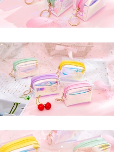 Detail of colorful laser transparent coin pouches with metal keychains in four pastel colors