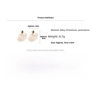 Detailed view of layered pearl petal earrings with green crystals and silver pins