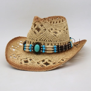 Detail of hollow-out straw cowboy hat featuring ethnic turquoise bead band decoration