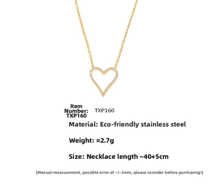 Detailed spec sheet for heart pendant necklace in gold plated stainless steel