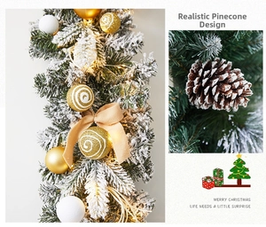 Close-up of snow-flocked pine needles with realistic pine cones and festive golden ornaments