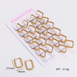 Detailed view of 12 pairs of gold rectangular stainless steel hoop earrings with size 21x14mm
