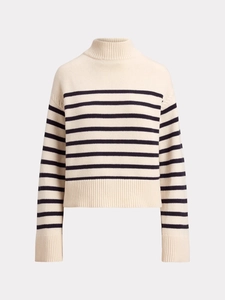 Women's cream oversized turtleneck sweater with classic horizontal black stripes