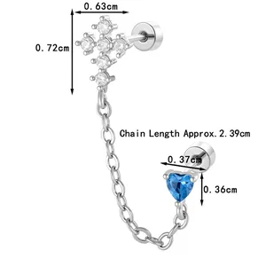 Silver chain double piercing earring with zircon cross and heart stone dimensions