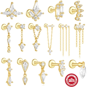 Clou Oreille Cartilage Cerf-Volant Zircone Gland Chaîne Argent Sterling 925 Dos Plat Fileté Bijoux Piercing Or