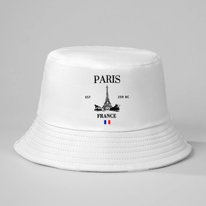 White cotton bucket hat featuring Paris Eiffel Tower print and France flag details