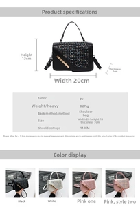Vue détaillée du sac carré élégant avec rabat en tweed et détails de dimensions