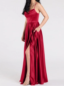 Elegant red satin evening dress with spaghetti straps, waist design and side slit