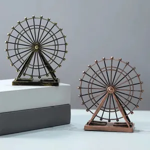 Retro Metal Ferris Wheel Model Rotating Desktop Ornament Warm LED Light Vintage Iron Art Home Office Decoration