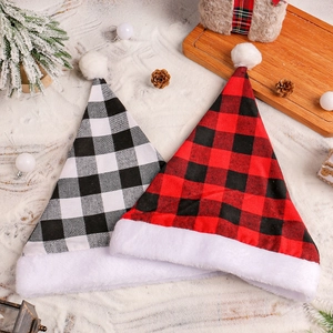 Christmas Santa Hat Plaid Buffalo Pattern Cloth Plush Trim Pom Pom Festive Holiday Party Costume Headwear Accessory