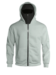 Detail of grey zip-up hoodie featuring a built-in black balaclava mask and cotton texture