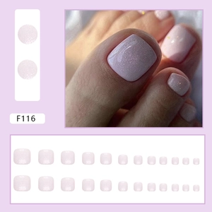 Detail view of shimmering light purple glitter press-on toe nails with full set display