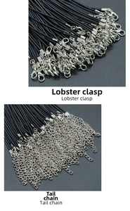 Detail of silver lobster clasp and adjustable tail chain on black wax cord necklace