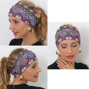 Three views of a bohemian wide elastic headband with dark blue geometric patterns