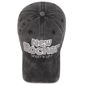 Washed black denim baseball cap with New Rocker embroidery and vintage distressed finish