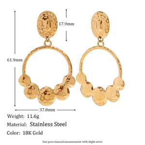 18K gold plated stainless steel geometric earrings with hammered disc pendants for women
