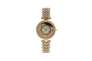 Close-up of golden rhinestone mesh watch band and flowing crystals in the bezel