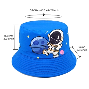 Blue kids bucket hat with cartoon astronaut print and 52-54cm size measurements