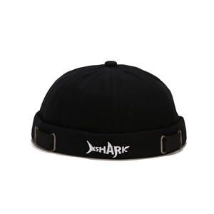 Black canvas Docker hat with white SHARK shark fin embroidery and side metal buckle
