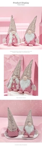 Detail of pink sequin Christmas gnomes with plaid fabric and white plush beards