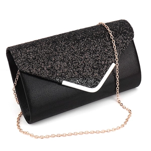 Elegant black sequin evening clutch bag with V-shaped metal trim and chain strap