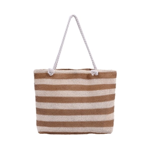 Striped woven straw tote bag with rope handles and large capacity for summer travel