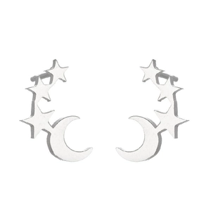 Detail view of silver star and moon stud earrings in polished stainless steel
