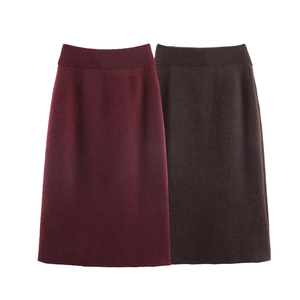 Jupe midi en tricot pour femme en bordeaux et marron café avec taille haute