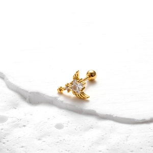 Golden double-headed screw stud earring with winged butterfly design and square zircon
