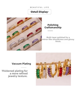 Detailed view of gold plated hoop earrings with multicolored rectangular cut zircon stones