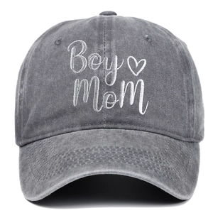 Washed grey cotton baseball cap featuring Boy Mom and heart embroidery in vintage style