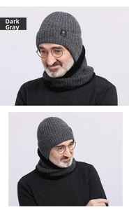 Detail of grey winter knit beanie and neck warmer with thick fleece lining for extra warmth