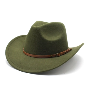 Detail view of olive green wool felt cowboy hat with brown leather strap and metal studs