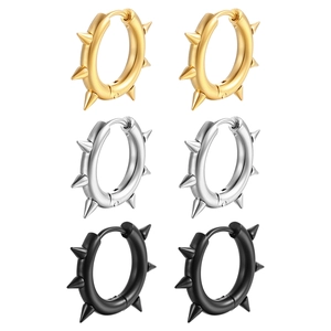 Three pairs of punk stainless steel hoop earrings in gold, silver, and black with cone spikes