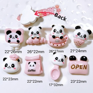 Macro view of 3D panda and fruit resin charms with detailed size measurements
