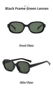 Front and side views of oval sunglasses with a black frame and green lenses