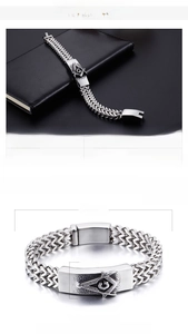 Detailed specs of men's stainless steel Masonic bracelet weighing 78g and 220mm long