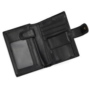 Interior detail of genuine leather trifold wallet showing card slots and coin pocket