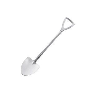 Creative silver metal shovel spoon for dessert and watermelon on a clean white background