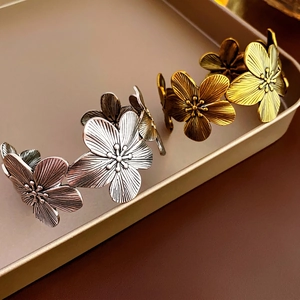Vintage metal flower open cuff bracelets in brushed gold and silver finishes